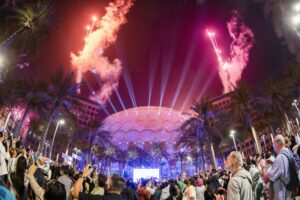 DUBAI, 31 March 2022. Visitors watch the Expo 2020 Dubai Closing Ceremony Fireworks over Al Wasl.